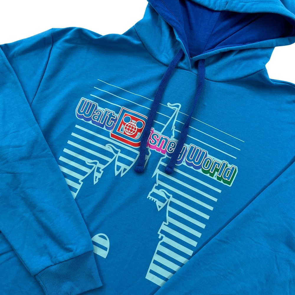 NEW Walt Disney World Hoodie Womens L Blue Graphic Pullover Retro Theme Park